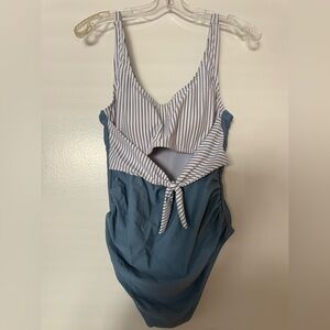 Maternity blue & white one piece with cutout and tie